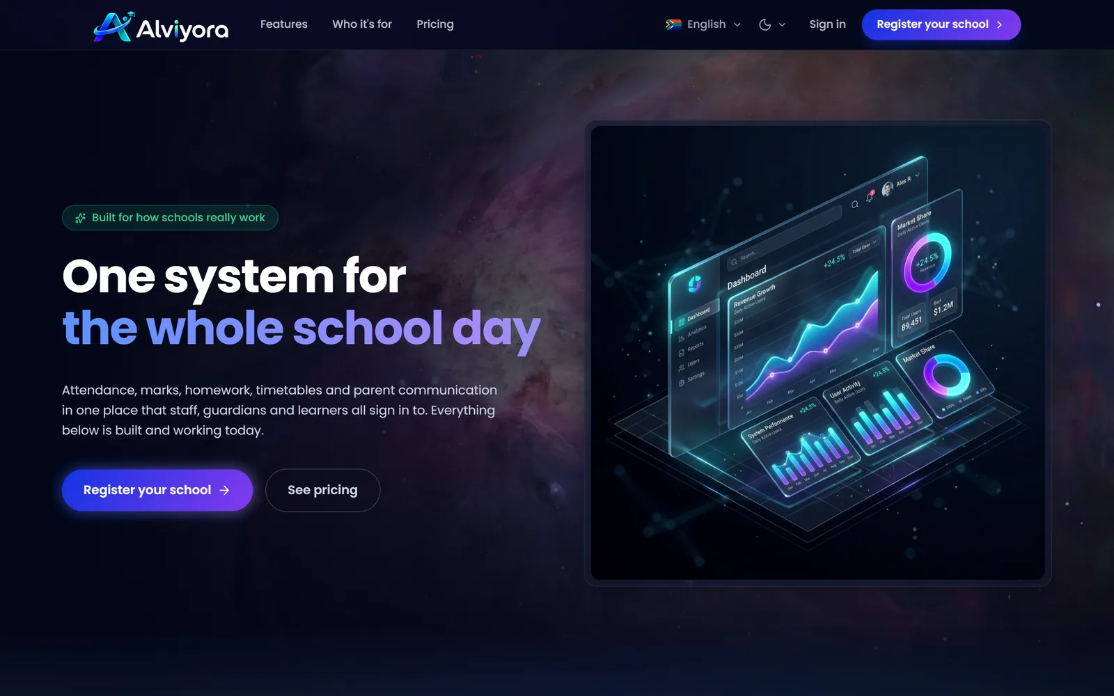The Alviyora School Management platform: a dark dashboard showing attendance, marks and timetable data.